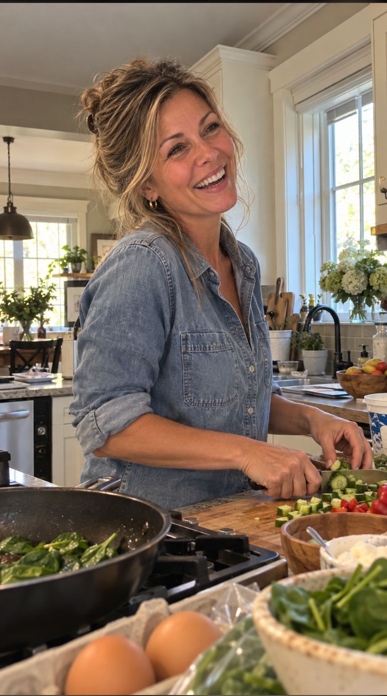 Kate, in her late forties with sun-streaked hair, laughing while chopping vegetables in a bright kitchen