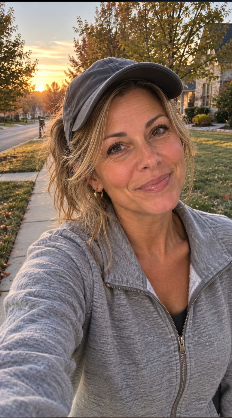 Kate on an early morning walk in a fleece jacket and cap